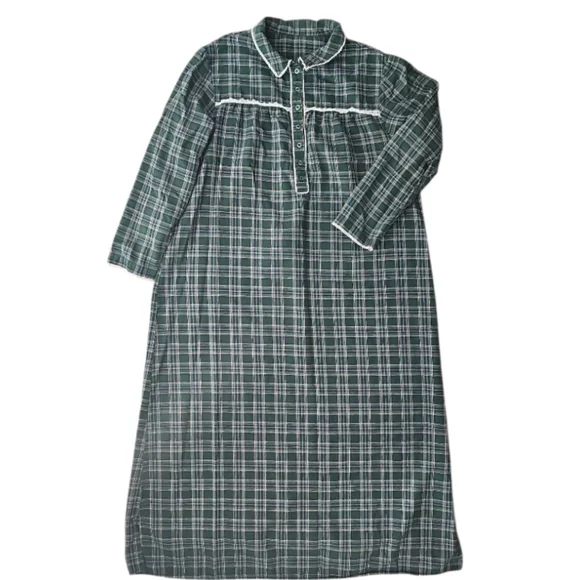 L.L. Bean Style Plaid Cotton Nightgown Green Flannel Cottagecore Sz L Cabin-core - Picture 5 of 12